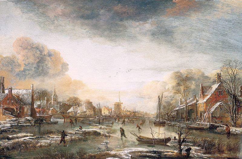 Aert van der Neer A Frozen River by a Town at Evening oil painting picture